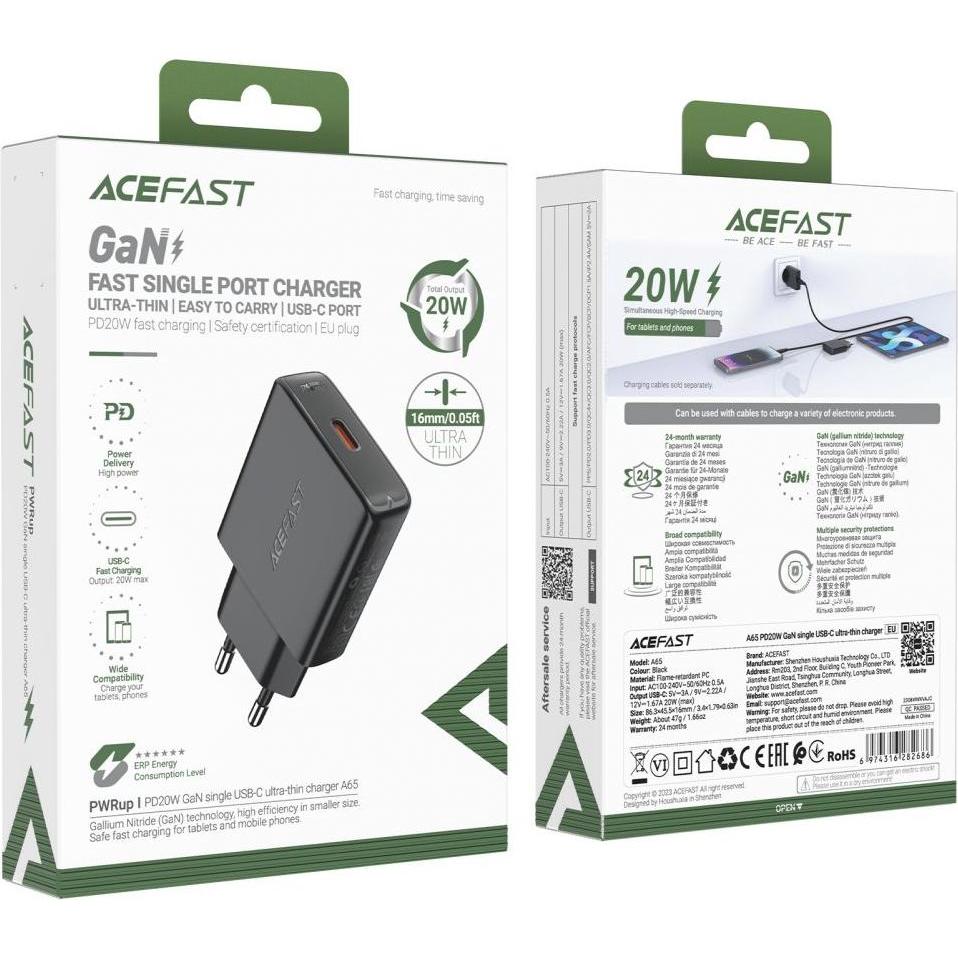 Thumbnail - Acefast A65 PD 20W GaN USB-C Wandladegerät – Schwarz (20 W), USB Ladegerät, Schwarz