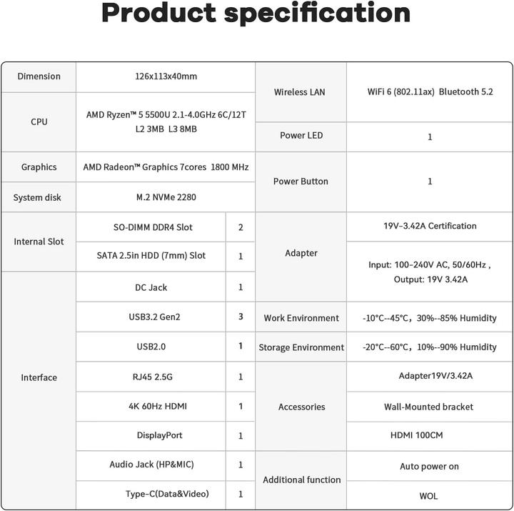 Produktbild Beelink Mini PC SER5 mit Ryzen 5 5500U und Windows 11 Pro (500 GB, 32 GB, AMD Ryzen 5 5500U)