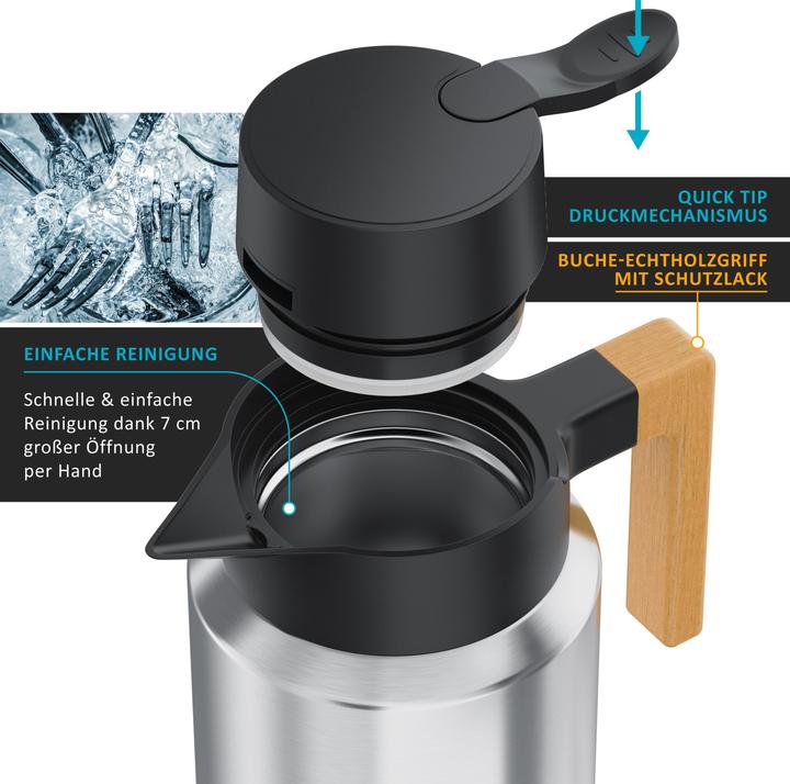 Immagine prodotto Arendo Isolierkanne 1,2 L, Thermoskanne Edelstahl mit Holzgriff, doppelwandig, auslaufsicher, 1200 ml (1.20 l)