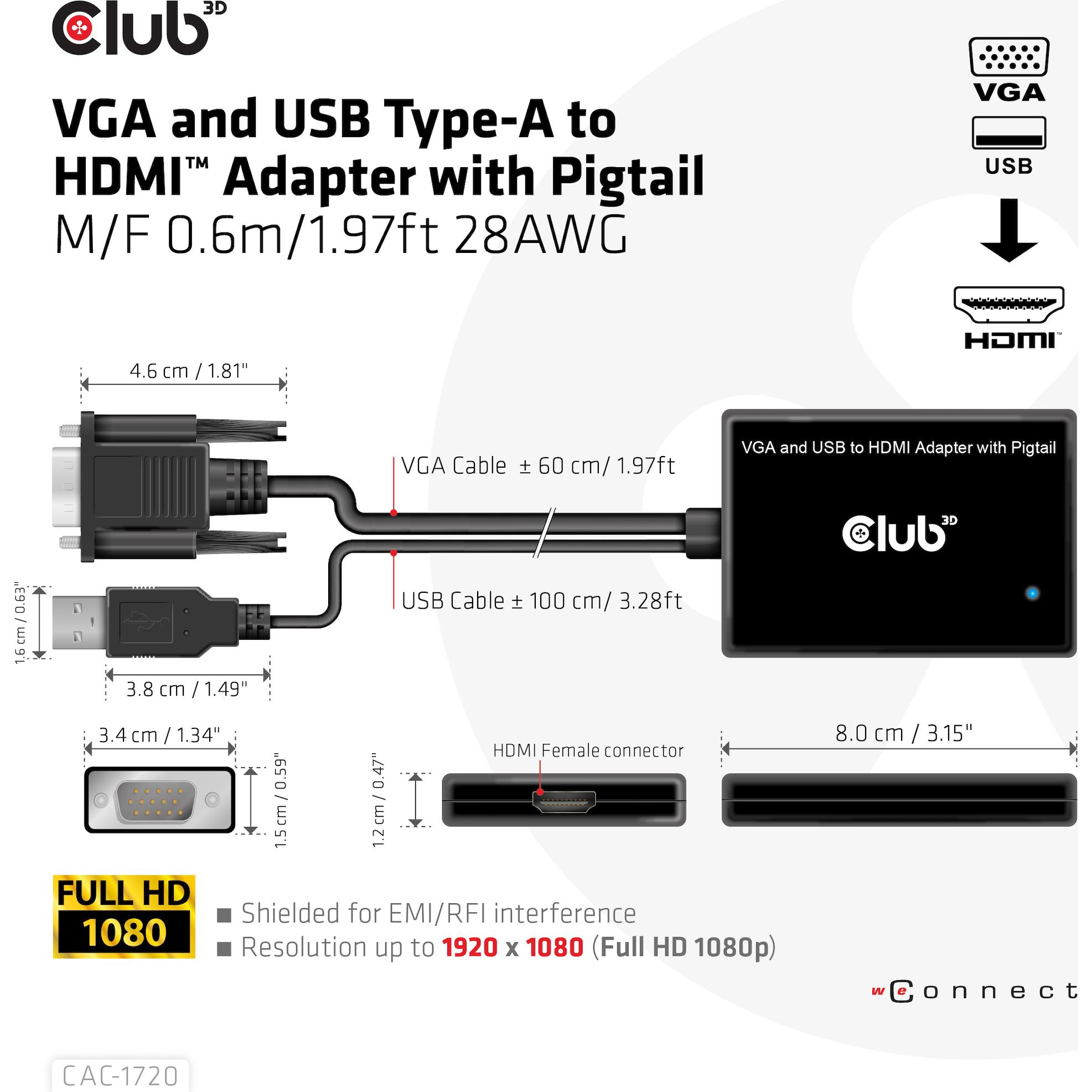 Thumbnail - Club 3D Club3D Adapter VGA + USB-A > HDMI St/Bu (HDMI, USB, VGA, 60 cm), Data + Video Adapter, Schwarz