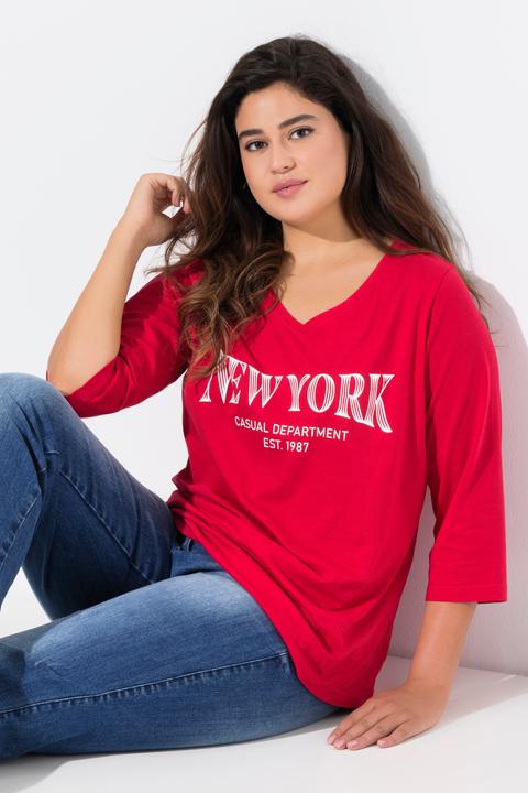 Image du produit Ulla Popken T-shirt à col en V et manches 3/4. Imprimé nom de ville. (46, 48)