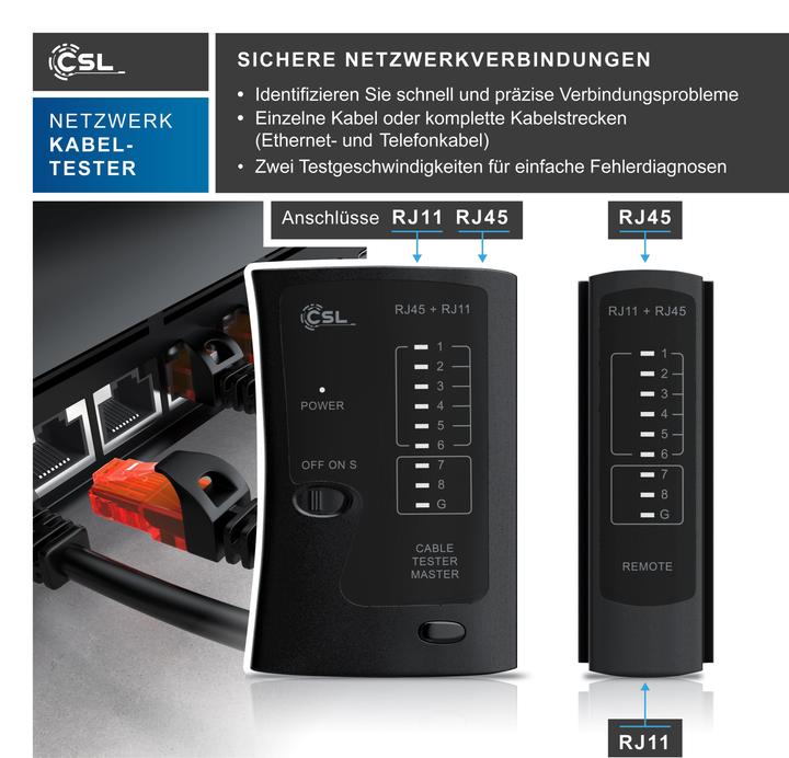 Produktbild CSL Kabeltester für RJ45 & RJ11 Kabel, Leitungen in Böden, Wänden, Decken Netzwerk-Adapter Ethernet