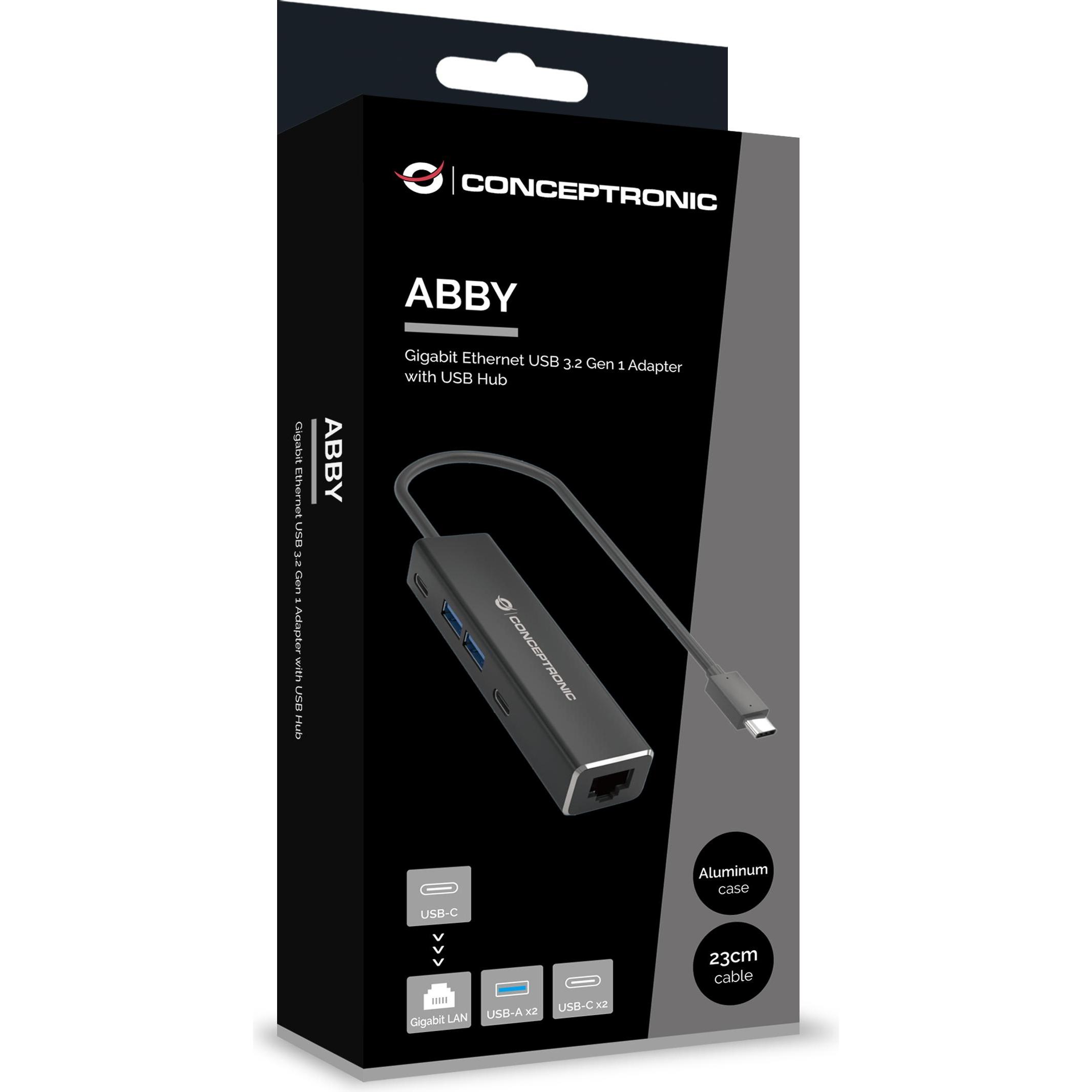 Thumbnail - Conceptronic Adapter USB-C -> RJ45 Gigabit,3xUSB3.0 0.15m sw (USB-C, 1 Ports), Dockingstation + USB Hub, Grau