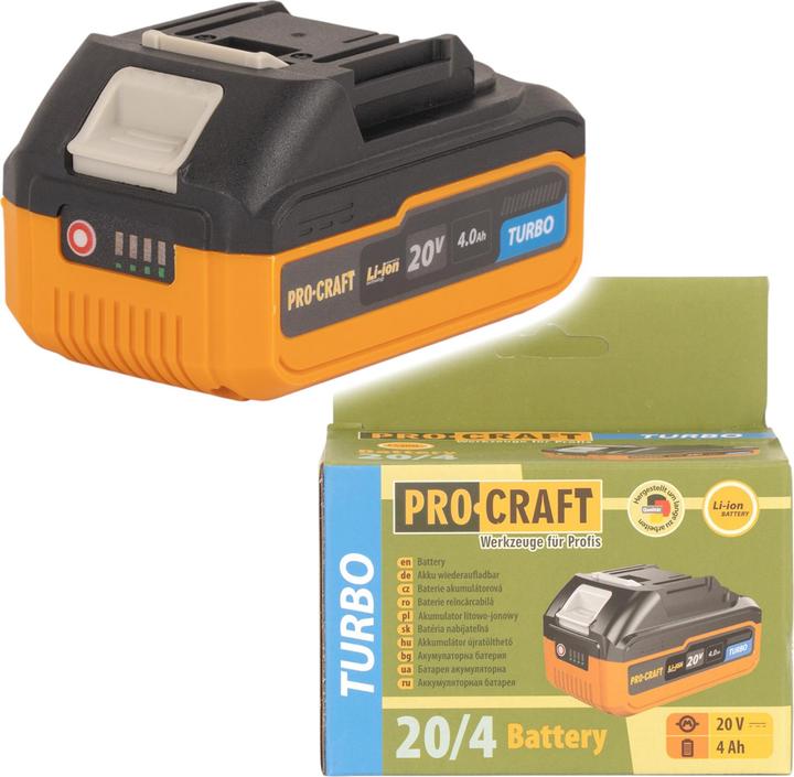 Immagine prodotto Procraft Batteria 20/4 Turbo 20 V 4,0 Ah / 4000 mAh Li-ion con indicatore di carica (20 V)