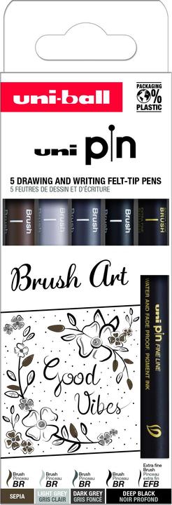 Produktbild Uni-ball Fineliner Uni Pin Brush Art/Età5 (Dunkelgrau, Grau, Hellgrau, Schwarz, Sepia, 5x)
