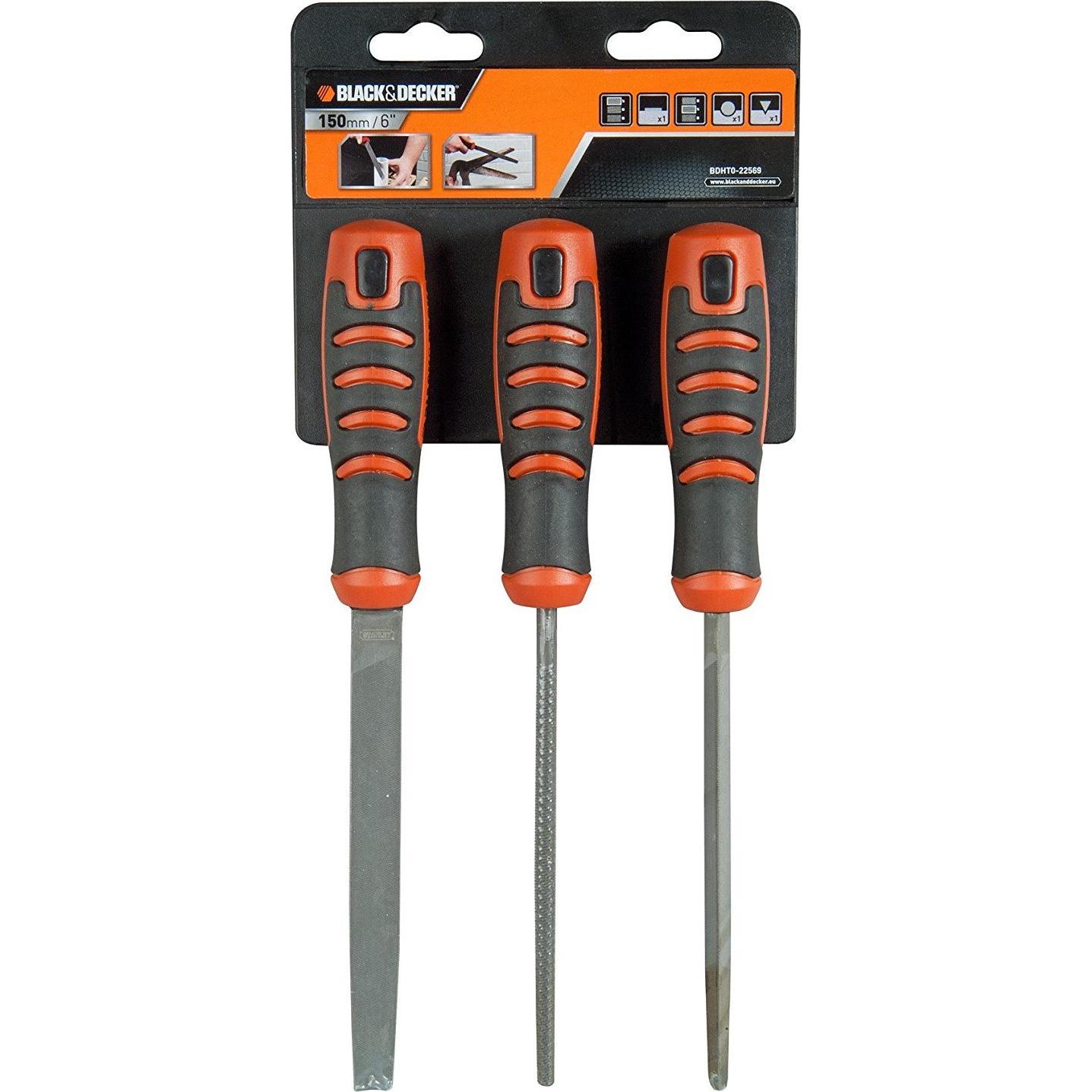 Black & Decker, Raspel + Feile, Satz Handfeilen für Holz und Metall 150 mm, 3 Stück. (BDHT0-22569)