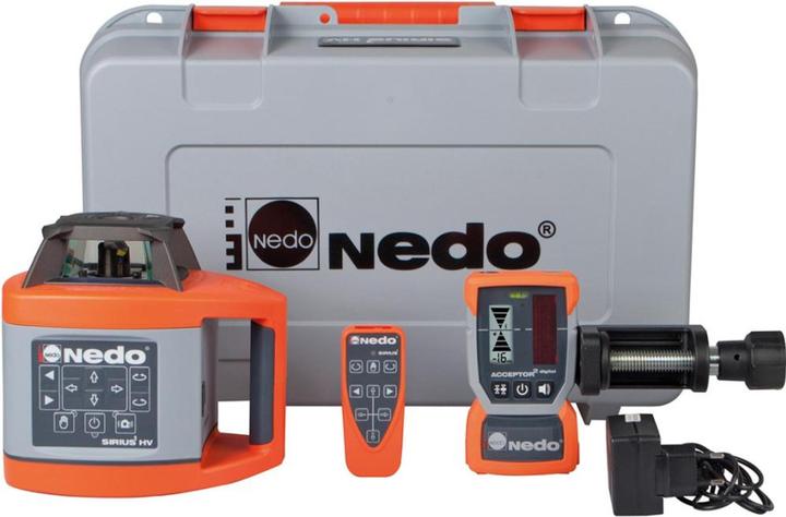 Batteries et adaptateur secteur, Laser rotatif SIRIUS1 HV, Récepteur laser ACCEPTOR2digital avec pinces de fixation Heavy Duty, Télécommande, valise de transport robuste