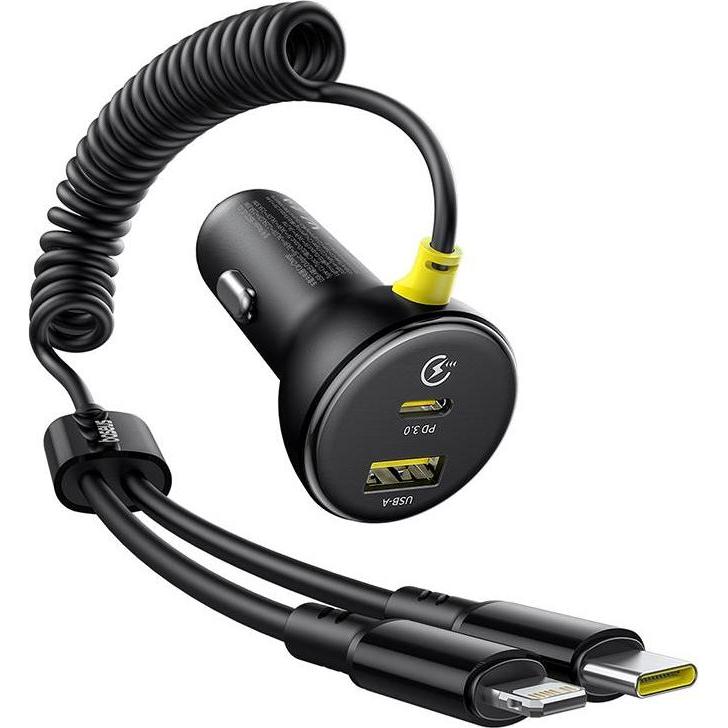 Baseus Kreisförmiges Kunststoff-Autoladegerät (U+C) + (C&L) Kabel 60W Cosmic Black, Auto Adapter, Schwarz