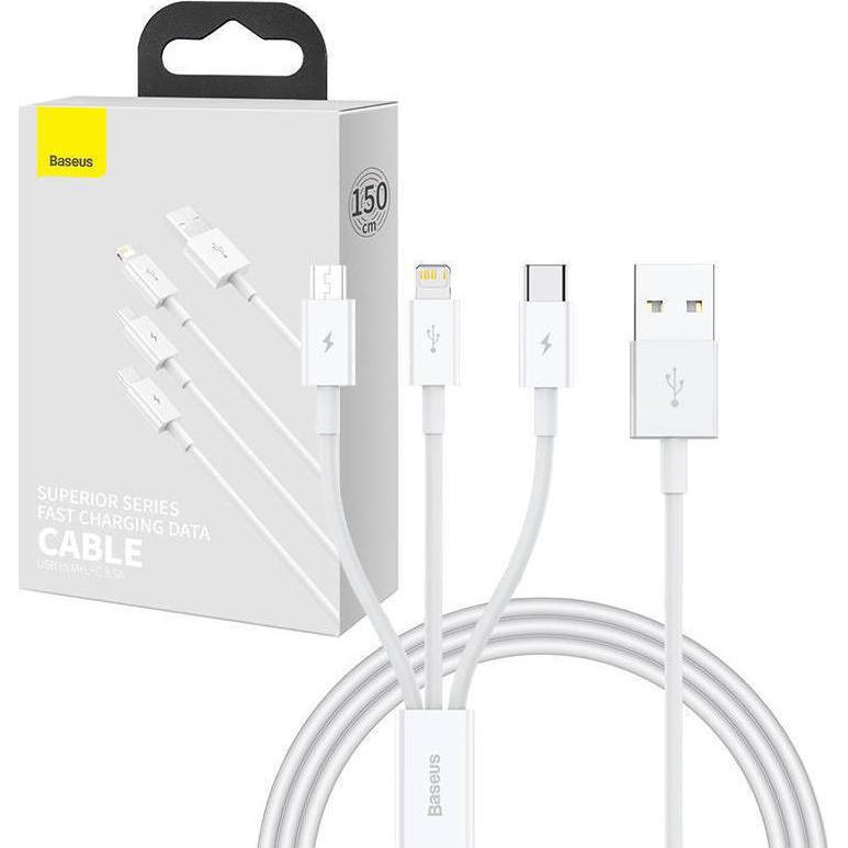 Baseus Quick Charge USB to M+L+C Superior Data 3.5A 1m (White) (1 m, USB 3.2 Gen 1), USB Kabel