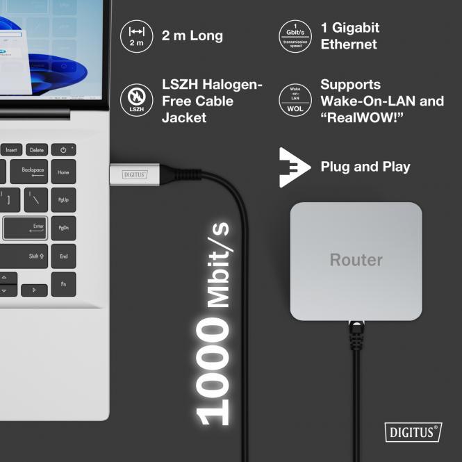Actual product image Digitus USB 3.2 Gen1 - RJ45 Ethernet cable, 1Gbit/s, 2m (S/FTP, CAT6a, 2 m)