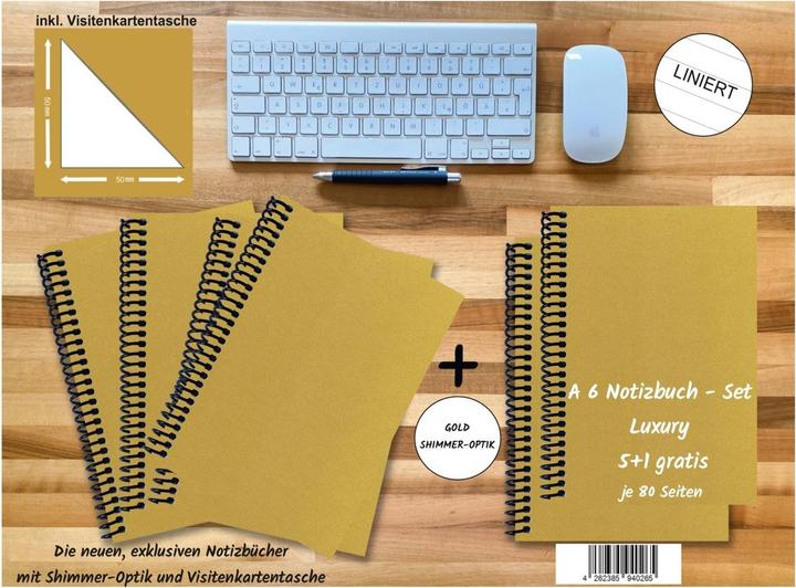 Actual product image A 6 notebook - set, 4+2 free, Luxury 80 pages GOLD GMUND SHIMMER, lined (A6, Lined, Hardcover)