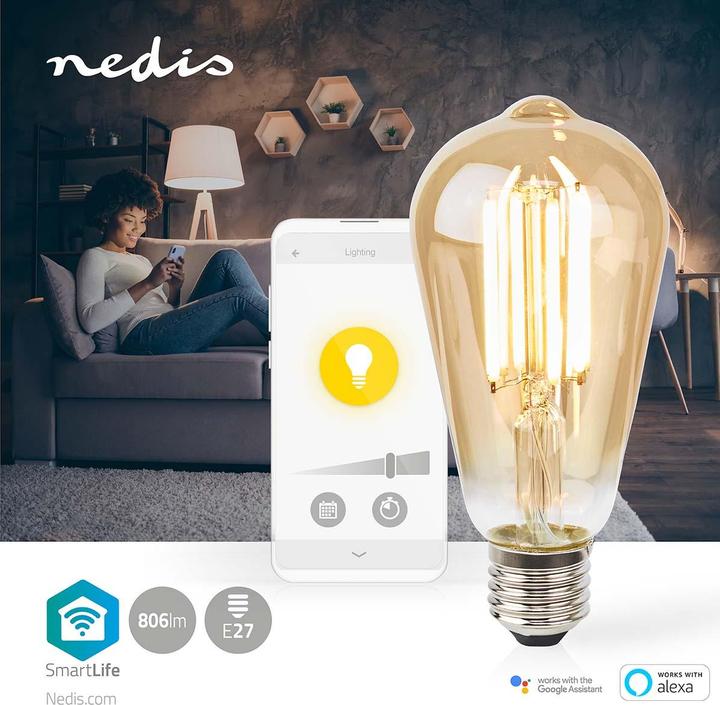 Produktbild Nedis WIFILRF10ST64 Smartlife LED Filament Lampe WLAN E27 806 lm 7 W Warmweiss 1800 - 3000 K Glas An (E27, 806 lm, 1x)