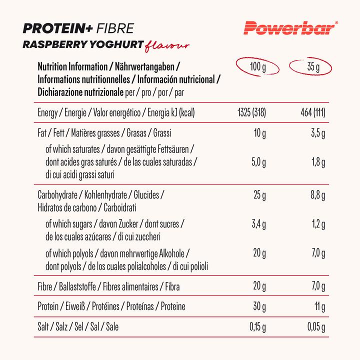 Valori nutrizionali e ingredienti Powerbar Scatola di proteine Plus a basso contenuto di zuccheri (Cioccolato, Vaniglia, Lampone, Yogurt, Brownie, Espresso, 16 pz., 560 g)