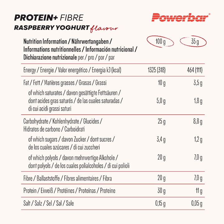 Nutritional values and ingredients Powerbar Protein Plus Low Sugar Multiflavour Box (Chocolate, Vanilla, Raspberry, Yoghurt, Brownie, Espresso, 16 pcs., 560 g)