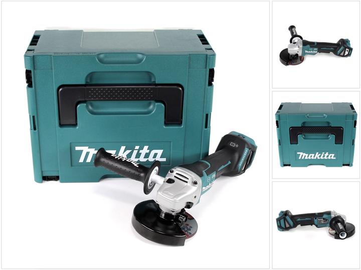1x Makita DGA 517 cordless angle grinder, 1x Makita 125 mm grinding disc (A-80656), 1x assembly tool, 1x matching insert, 1x Makita Makpac transport case, 1x auxiliary handle, 1x protective cover