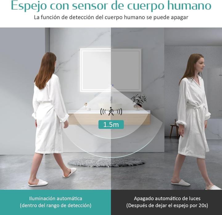 Productafbeelding Emke Motion Sensor LED Bathroom Mirror with Anti-Condensation and 3 Dimmable Light Colors (50 x 70 cm)