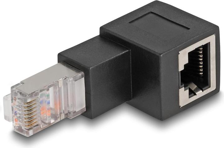 Actual product image Delock RJ45 male to RJ45 female adapter Cat.6A 90° angled downwards (Network cable plug)