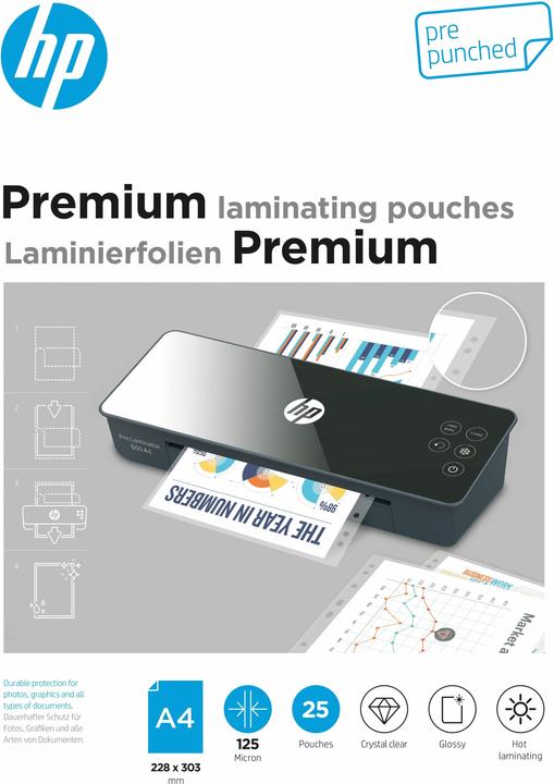 HP Laminierfolie Premium A4, 125 µm, 25 Stück, Glänzend (A4, 25 Stück, 125 µm)