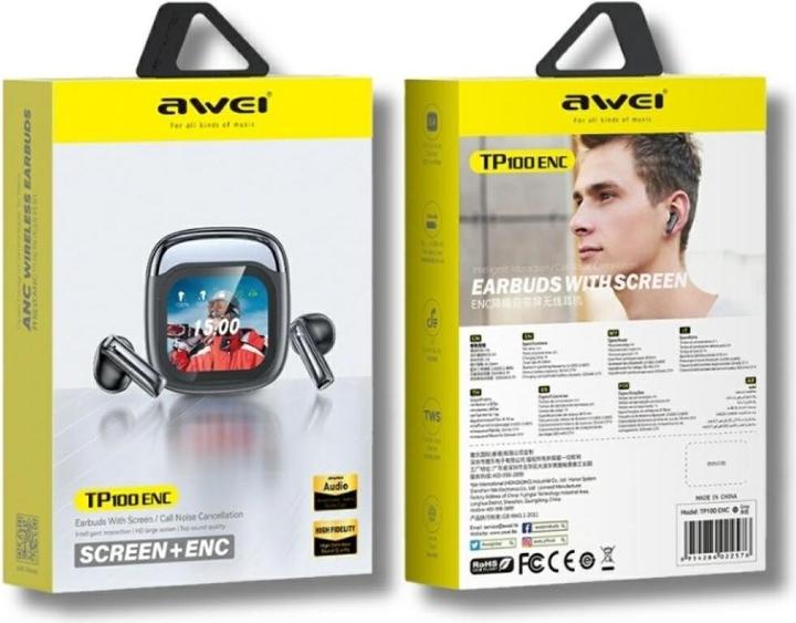 Actual product image Awei Słuchawki bezprzewodowe TP100 ENC Bluetooth 5.4 TWS + stacja dokująca czarny (6 h, Wireless)
