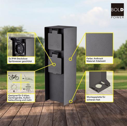 Produktbild Bold Garden Steckdosensäule BOLD POWER, Orio10044 2-fach, IP44, anthrazit (2x, CEE 7/3, 0.70 m)