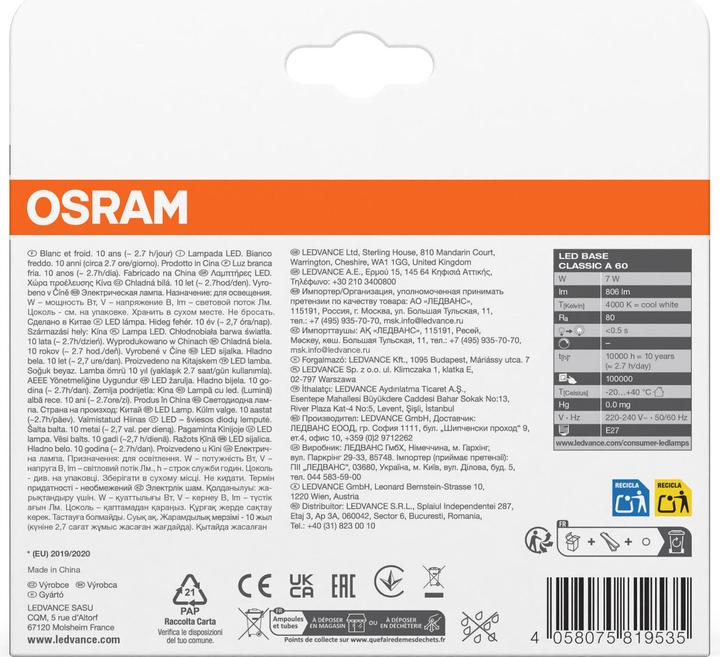 Immagine prodotto Osram Base Classic A (E27, 7 W, 806 lm, 3 x, E)