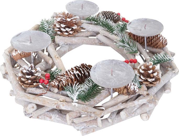 Produktbild Swisshandel24 Adventskranz rund, Weihnachtsdeko Tischkranz, Holz ø 35cm weiss-grau - ohne Kerzen