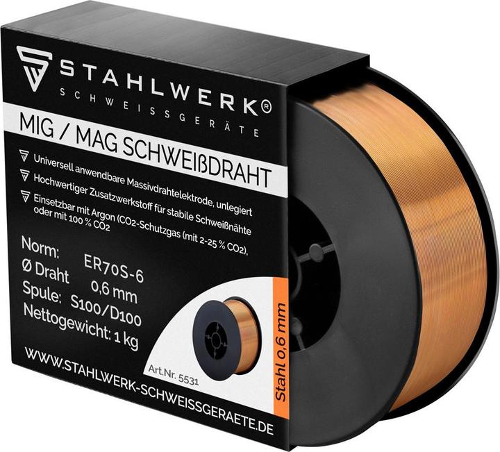Produktbild Stahlwerk Schweissdraht MIG MAG ER70S-6 SG2 Ø 0,6 mm S100/D100 1 kg Drahtrolle