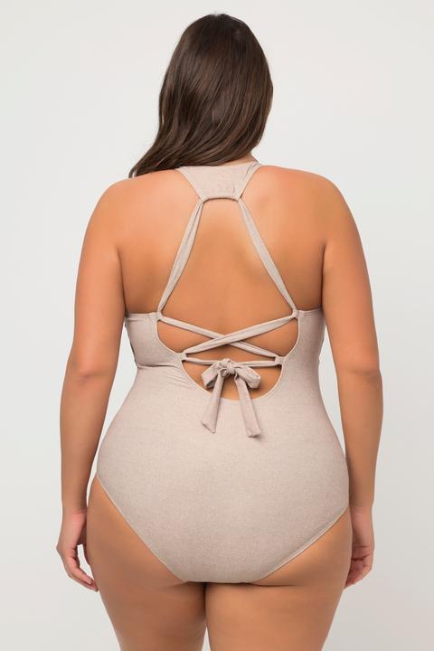 Image du produit Ulla Popken Maillot de bain à bonnets souples, aspect toile de jute. Noeuds fantaisie. (46)