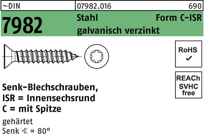 Produktbild Senkblechschraube DIN 7982 m.Innensechsrund/Spitze 3,9 x 22 -C-T20 Stahl galvanisch verzinkt (500 Schrauben pro Stück)