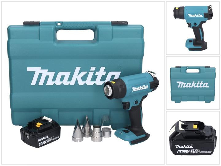 1x Makita DHG 181 Akku Heissluftgebläse, 1x Glasschutzdüse, 1x Breitschlitzdüse, 1x Reflektordüse, 1x Reduzierdüse, 1x Makita BL 1860 B Li-Ion Akku 18 V 6,0 Ah, 1x Koffer