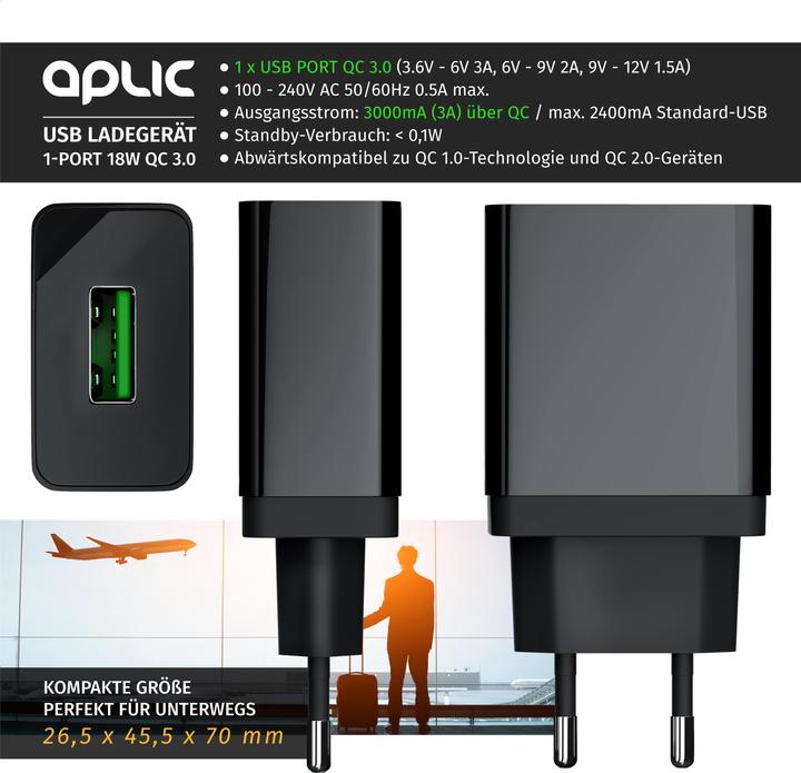 Actual product image Aplic USB charger 3000 mA, Quick Charge 3.0 USB charger 1x USB A QC 3.0 port, max. 3A via QC, black (1 portion)