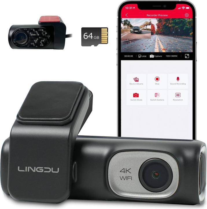 Hermex 4K WiFi dual dashcam telecamera frontale auto telecamera di bordo sorveglianza auto (Microfono incorporato, Display integrato, Accumulatore di carica elettrica, Ricevitore GPS, WiFi, 4K)