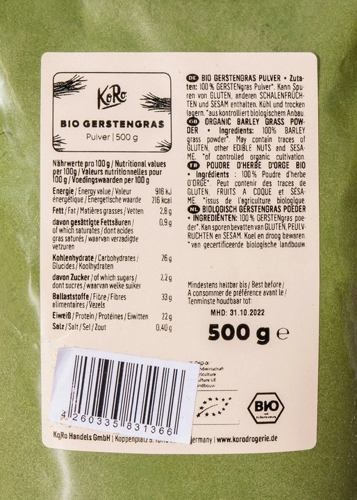 Nährwerte und Zutaten KoRo Bio Gerstengras Pulver (6000 g)