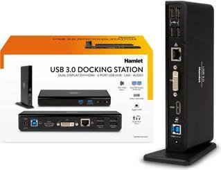 Productafbeelding Hamlet USB 3.0 Docking Station met Dual Display DVI en HDMI, hub met 6 USB-poorten, LAN EN AUDI (USB-A, USB-B, 6 Havens)