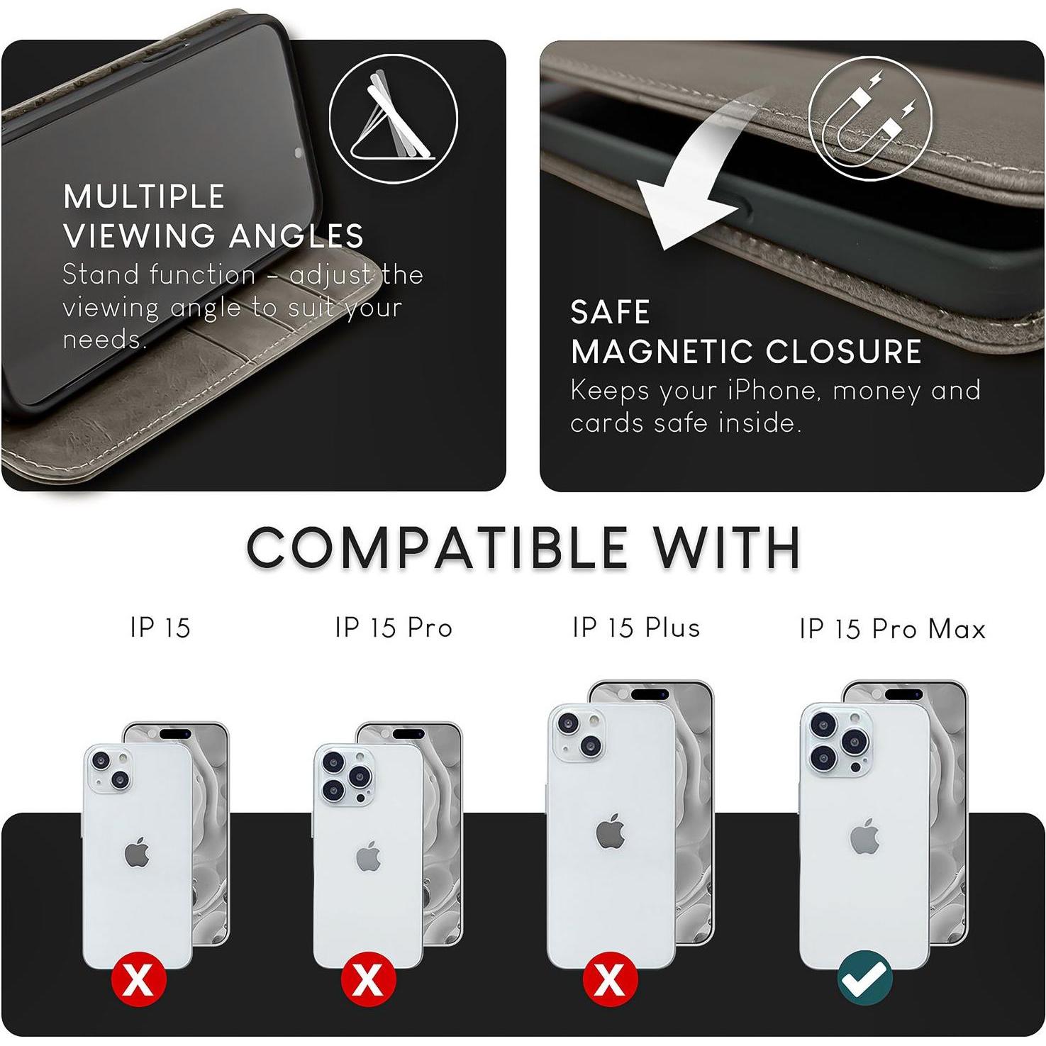 Thumbnail - Nalia Echt Leder Flip Case Hülle mit Magnetverschluss (Apple iPhone 15 Pro Max), Smartphone Hülle, Grau