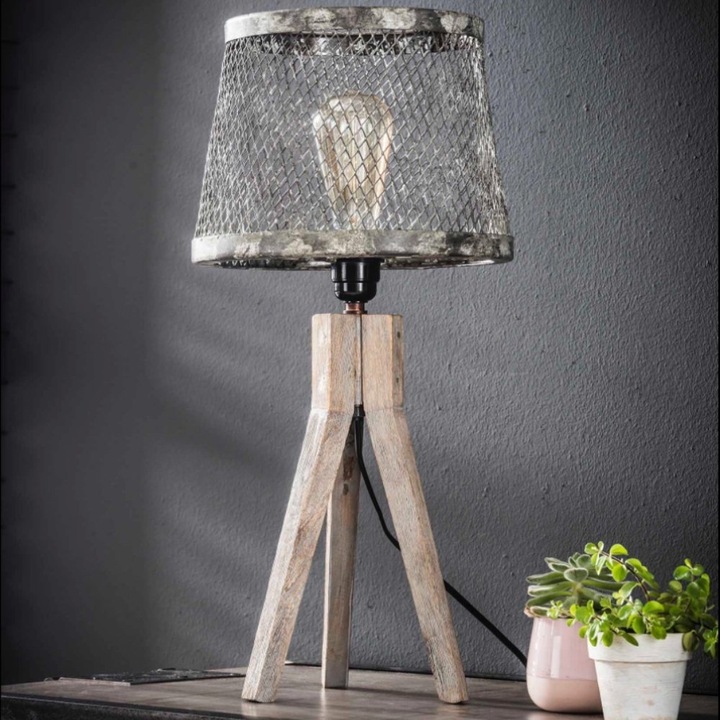 Produktbild famlights Tischleuchte Xenia aus massivem Holz und Metall in Silber (E27)