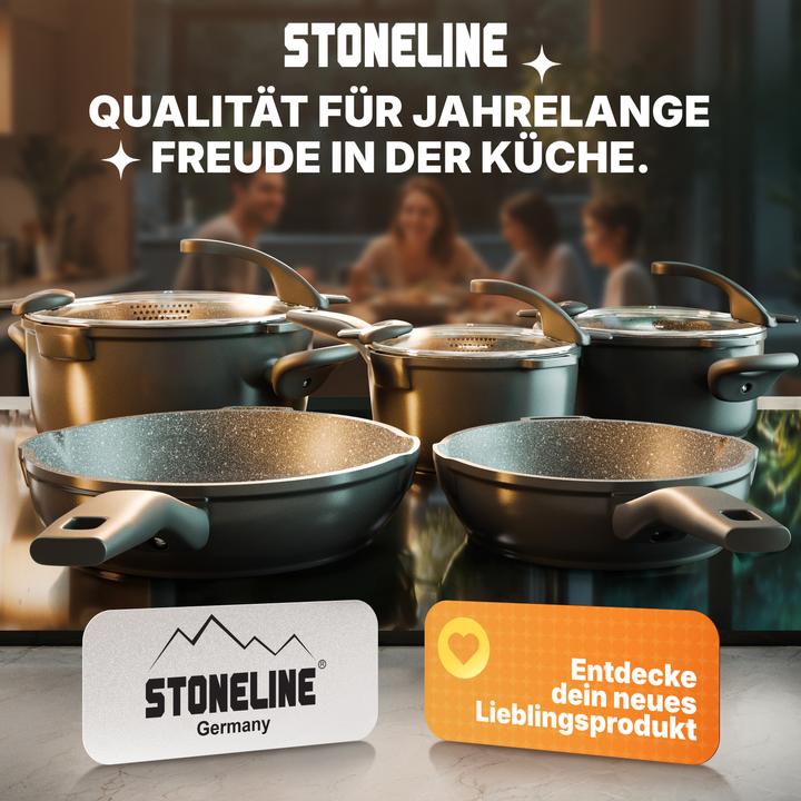 Produktbild Stoneline Future Topfset 8 teilig mit Sieb Deckeln, beschichtete Töpfe, Pfannen Induktion geeignet (Bräter + Schmortopf, Bratpfanne, Kochtopf, Stielkasserolle, Aluminiumguss, 24 x 11.50 cm)