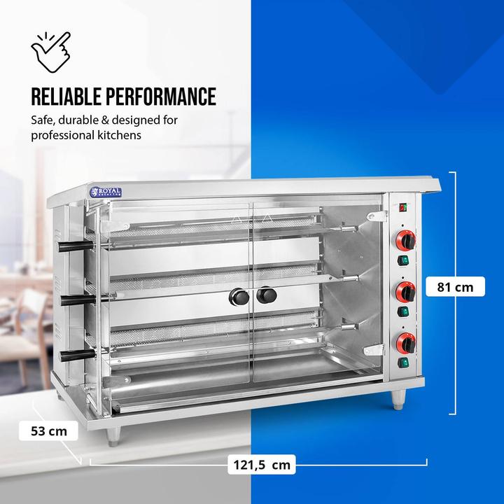 Produktbild Royal Catering Gas-Hähnchengrill 3 Spiesse mit Beleuchtung 3 x 5 kW Edelstahl / gehärtetes Glas (15 kW)