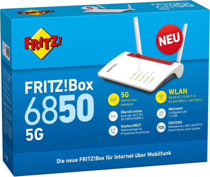 Productafbeelding AVM FRITZ!Box 6850 5G WLAN Router Gigabit Ethernet Dual-Band (2.4 GHz/5 GHz) 3G 4G