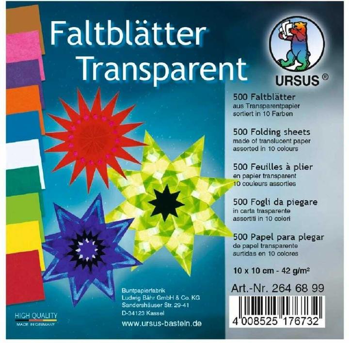 Produktbild Ursus Transparentpapier Faltblätter 10x10cm VE=500 Blatt 10 Farben sortiert (42 g/m², 500x)