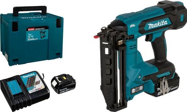 1x Einhängebügel kurz, 1x Schnellladegerät DC18RC, 1x MAKPAC Gr. 4, 1x Tiefziehteil für MAKPAC, 2x Akku BL1850B, 1x Schraube M4x12, 1x Makita DBN601RTJ Akku-Stauchkopfnagler, 1x Oberflächenschützer