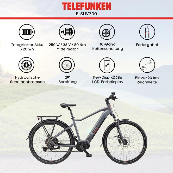 Actual product image Telefunken SUV E-Bike Herren SUV700 29 Zoll Mittelmotor 10-Gang Kettenschaltung (48 cm)
