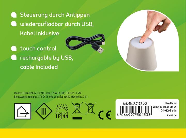 Produktbild Idena LED Tischleuchte Touch Metall grau 11x24/38cm Akku USB dimmbar 3 Modi Innen und Aussen