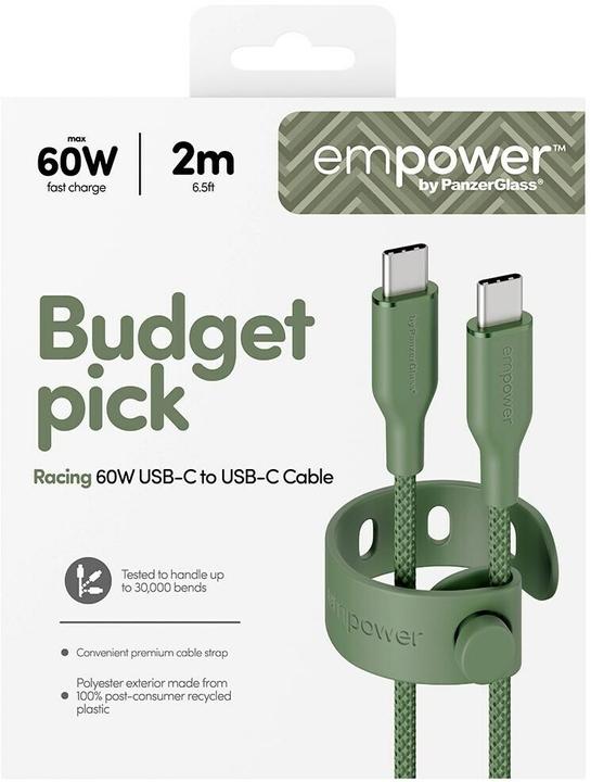 Actual product image PanzerGlass empower™ by ® Racing 60W USB-C to USB-C Cable | USB 2.0 | 2M | Sage (2 m, USB 2.0, 60 W)