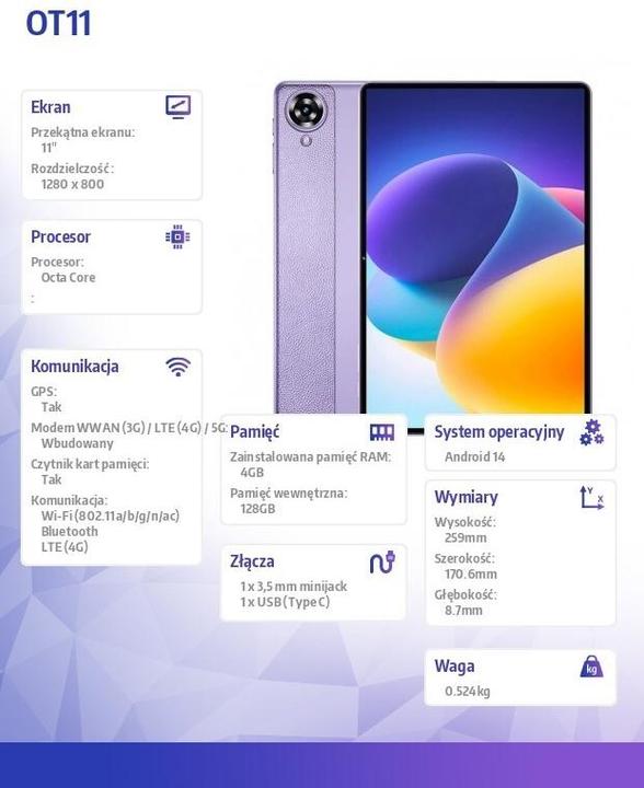 Image du produit Oukitel Tablette OT11 11 4/128 Go 8000 mAh 2K (11", 128 Go, Purple)