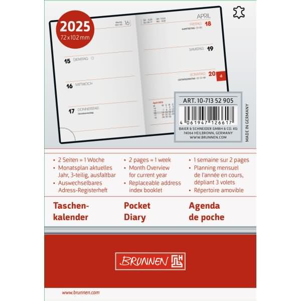 Thumbnail - Brunnen, Agenda, Taschenkalender 713 7,2x10,2cm 1 Woche/2 Seiten Leder schwarz 2025