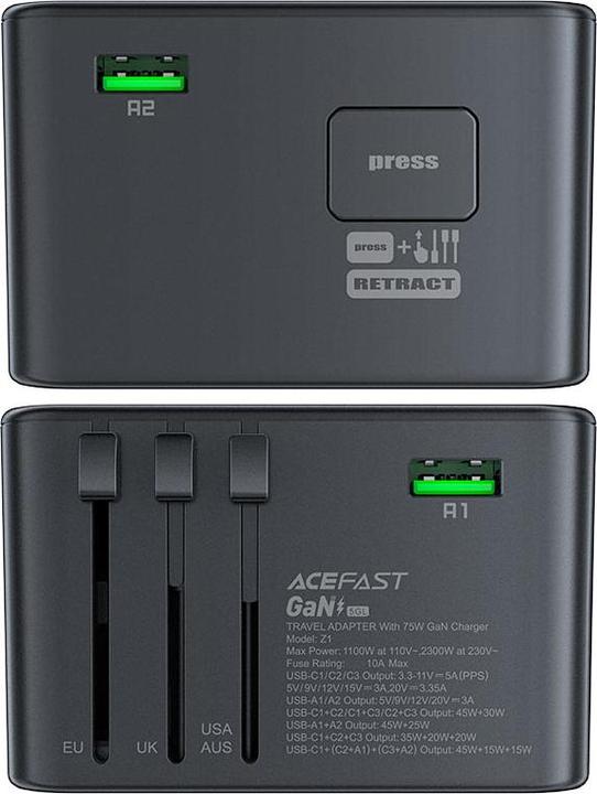 Productafbeelding Acefast Multifunctionele reiswandlader Z1, 2xUSB-A, 3xUSB-C, GaN, 67W, VS/EU/UK/AU (zwart)