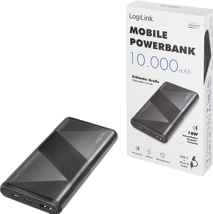 Produktbild LogiLink Mobiler Zusatzakku, 10.000 mAh, 2x USB, schwarz tragbarer Zusatzakku für Smartphones & Tablet-PCs (10000 mAh, 18 W, 37 Wh)