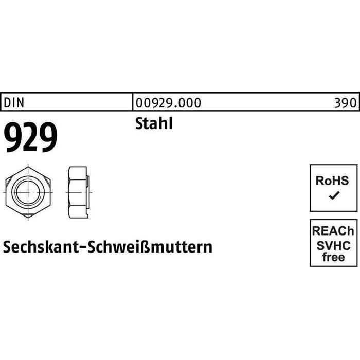 Muttern + Unterlegscheiben, Sechskantanschweissmutter DIN 929 M 12 Stahl
