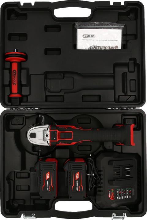 Produktbild KS Tools eMONSTER Brushless-Akku-Winkelschleifer-Satz, 4-tlg | 18 Volt, 2 Akkus und Ladegerät (125 mm)